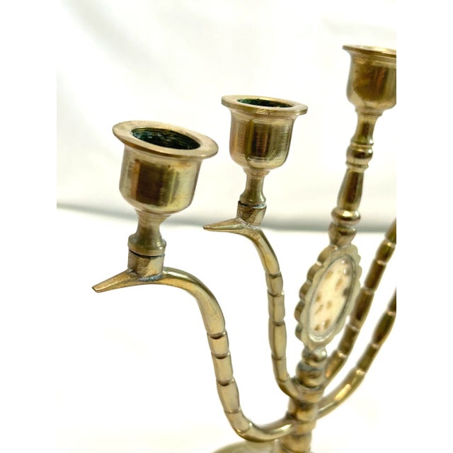 Pair Hollywood Regency Brass 5-Arm Candelabras With Carved Bone Medallions – Vintage Brass Candle Holders For Sale - Image 11 of 12