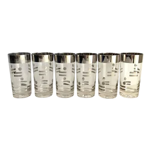 Vintage 1960s Silver Rim Geometric Tall Glasses Collins Tumblers Set of 6