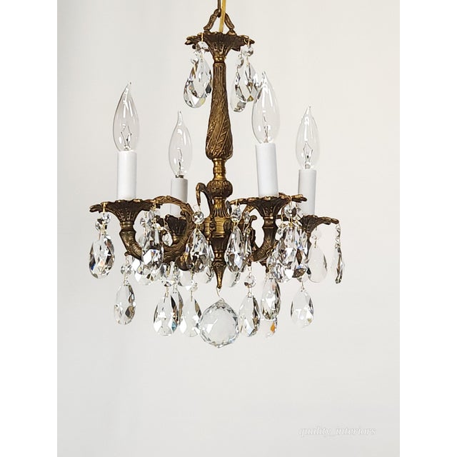 Antique 4 Arm 4 Light Glowing Graceful Brass Cut Lead Glass Crystal Chandelier For Sale - Image 11 of 13