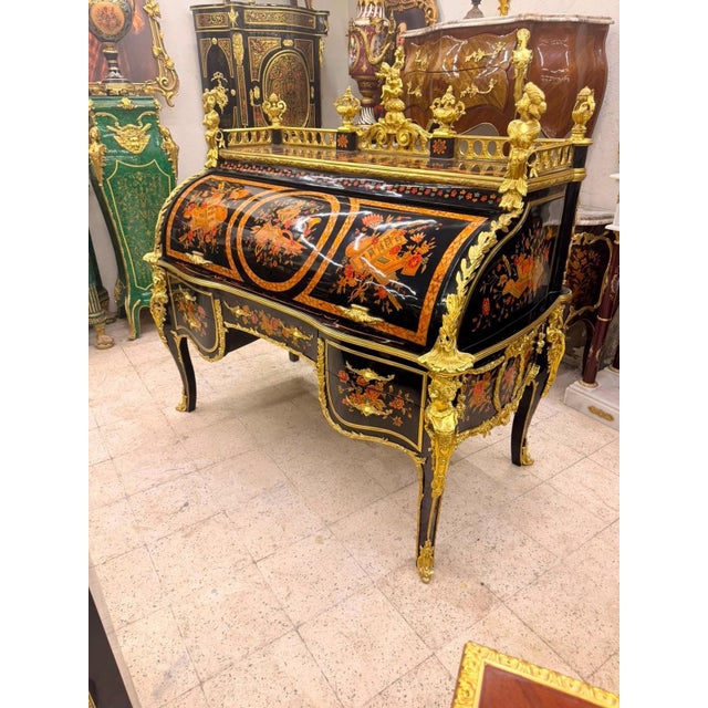 Rococo Museum Quality Rococo Marquetry Secretary Black & Gold Writing Bureau For Sale - Image 3 of 10
