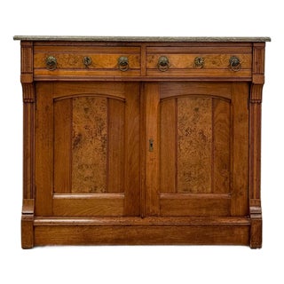 Antique French Provincial Marble Burlwood Buffet 2 Drawer Locking Cabinet For Sale