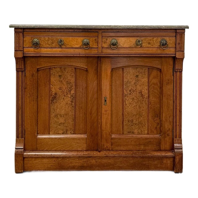 Antique French Provincial Marble Burlwood Buffet 2 Drawer Locking Cabinet For Sale