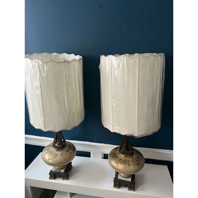 Monumental Hollywood Regency Marble, Hand-Painted Glass & Bronze Table Lamps — 40.75” - a Pair For Sale - Image 14 of 18