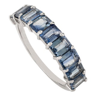 Stackable 2.26Ct Square Cut Blue Sapphire Half Eternity Band Ring Size 6.5 in 14k White Gold For Sale
