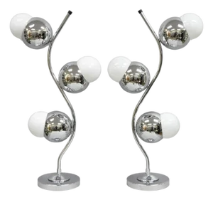 Vintage Mid Century Modern Sculptural Chrome Orb 3 Light Table Lamp - A Pair