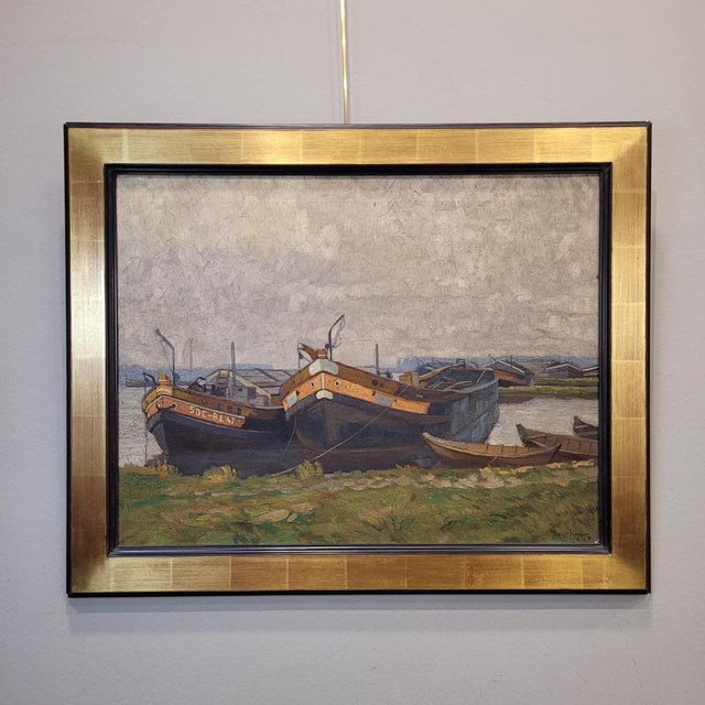 Gerard Beutner, Boats Moored on the Shore, 1920s, Oil on Canvas, Framed For Sale - Image 3 of 18