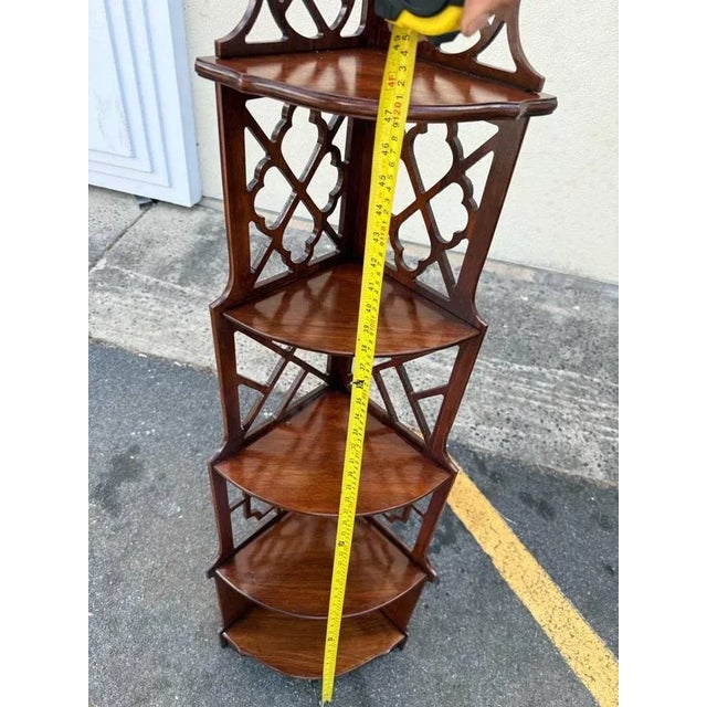 Brown Pair of Hand Carved Fretwork Mahogany Corner Shelfs Bookcases Etageres For Sale - Image 8 of 11