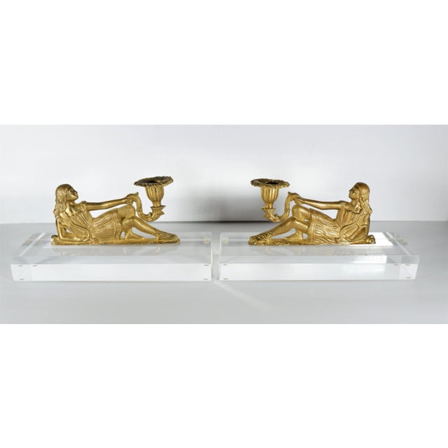 Metal French Gold Gilt Candleholders of Reclining Women on Lucite Bases - a Pair For Sale - Image 7 of 7