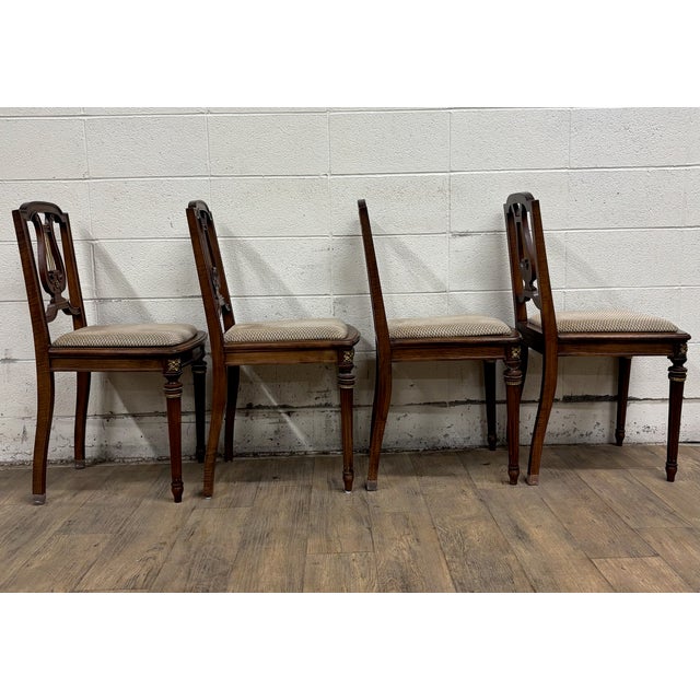 Vintage French Louis XVI Style Harp Back Lyre Back Bronze Ormulu Dining Chairs For Sale - Image 12 of 14