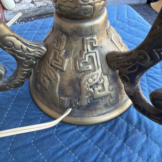 Mid 20th Century Chinese Archaistic Cast Brass Dragon Table Lamp - Attributed to James Mont For Sale - Image 9 of 18