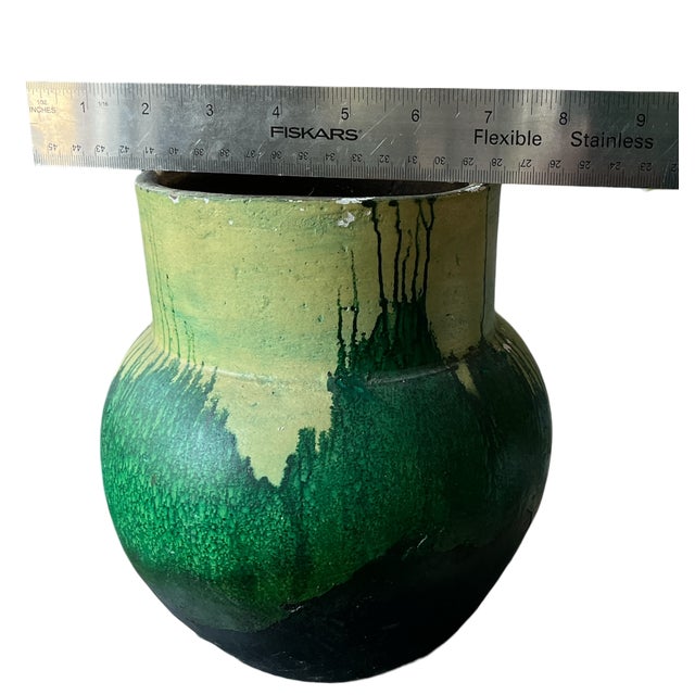 Dark Green 1970s Hand-Painted Green and Chartreuse Organic Moderns Earthenware Vase For Sale - Image 8 of 8