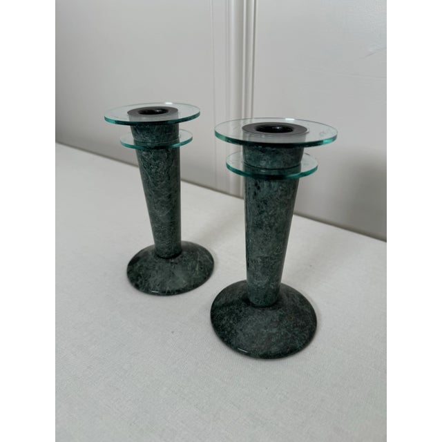 Mid Century Modern Atomic Marble and Lucite Candlesticks, a Pair For Sale - Image 9 of 9