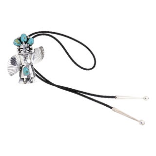 Zuni Sterling Silver & Turquoise Cabochon Kachina Bolo Tie For Sale