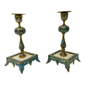 Pair, 19th Century French Gilt Bronze, Cloisonne & Onyx Candlesticks