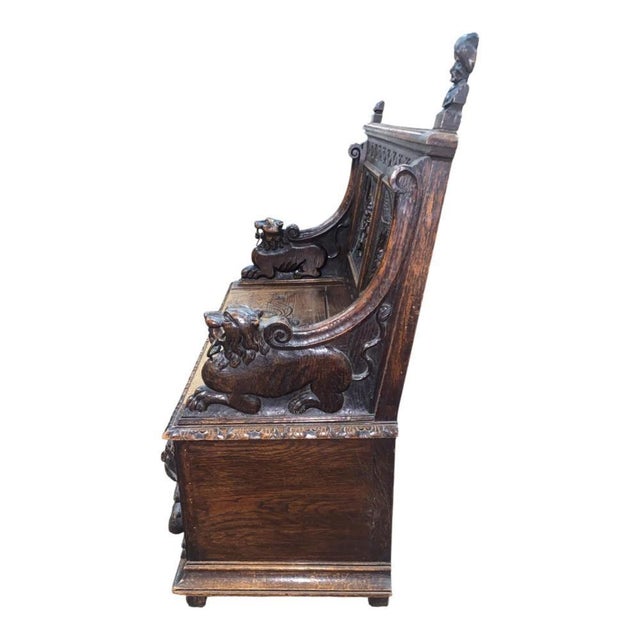 French Renaissance Revival Carved Oak Hall Monks Bench with Lion Masks, 1860s For Sale - Image 4 of 15