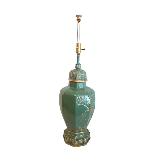 A sophisticated and chic example of 1970s Asian-revival design, this grand hexagonal temple jar table lamp has been...