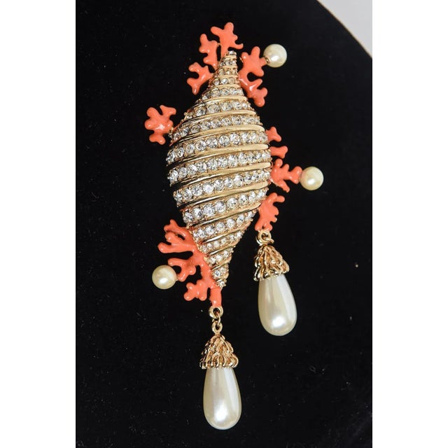 Hutton Wilkinson Coral Enamel Faux Pearl, Rhinestone Gold Filled Brooch or Pin, 1980's For Sale - Image 9 of 10