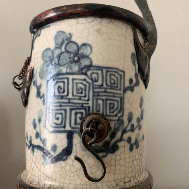 Blue Antique Asian Blue and White Ceramic Water Vase Pipe For Sale - Image 8 of 12