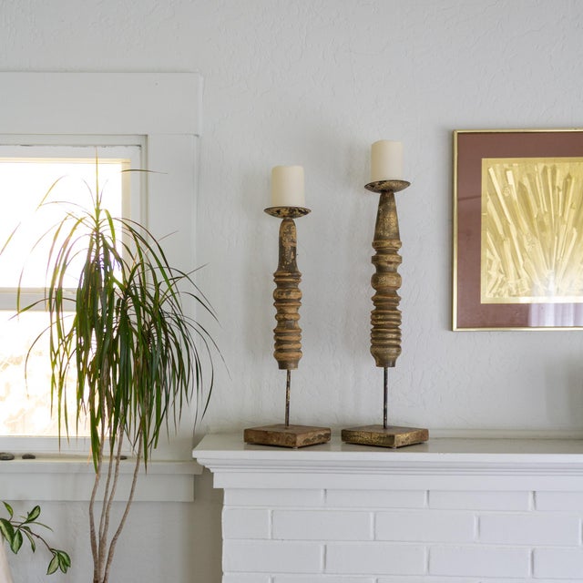 Pair of Wood Turned Rustic Painted Pillar Candle Holders From India For Sale - Image 6 of 14