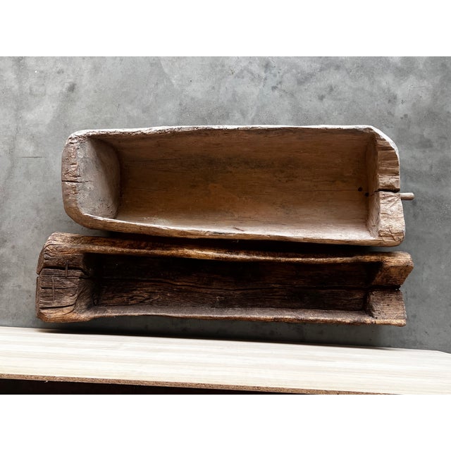 Rare and beautiful Spanish antique hollowed out tree trunk wooden planter in a brutalist and primitivei style. This piece...