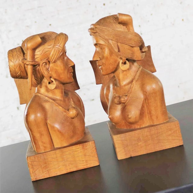 Vintage Tribal Figural Bookends Male and Female Hand Carved Wood- A Pair For Sale - Image 6 of 13
