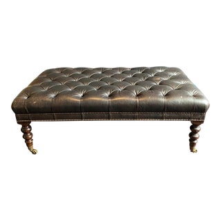 Vintage Mid-Century English Traditional Brown Leather Tufted Ottoman For Sale