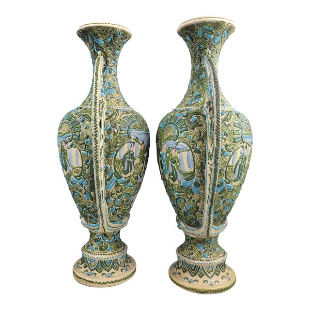 Antique Victorian Japanese Moriage Vases with High Relief Figures, 1890s, Set of 2 For Sale - Image 4 of 10
