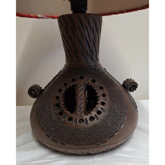 Vintage German Table Lamp with an Internally Lit Brown Ceramic Base and Handmade Fabric Shade from Lamplove, 1970s For Sale - Image 9 of 10