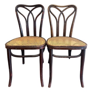 Pair Pre-1920 Thonet Bentwood and Cane Dining Chairs With Loop Shaped Leg Braces For Sale