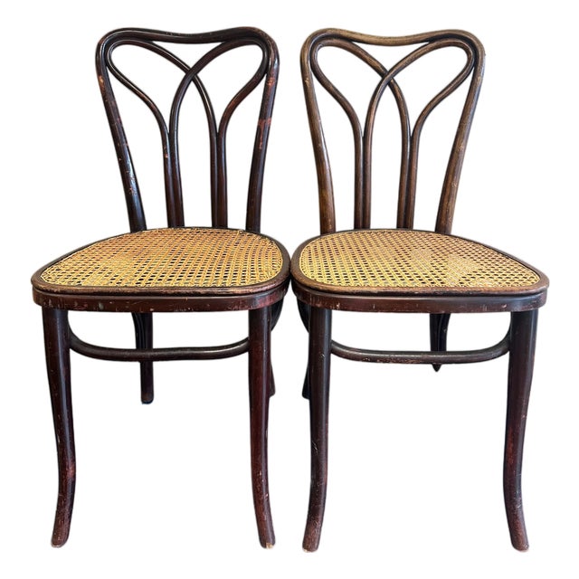 Pair Pre-1920 Thonet Bentwood and Cane Dining Chairs With Loop Shaped Leg Braces For Sale