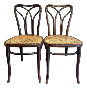 Pair Pre-1920 Thonet Bentwood and Cane Dining Chairs With Loop Shaped Leg Braces