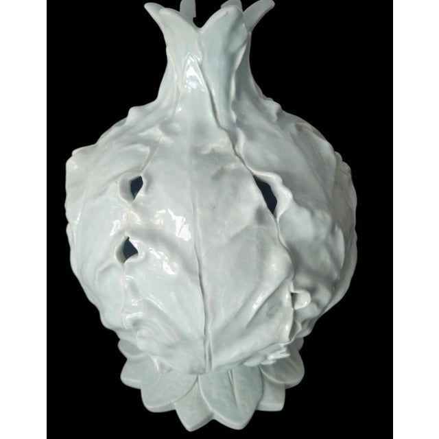Vintage Baby Blue Glazed Ceramic Regency Cabbage Table Lamp Pleated White Shade For Sale In West Palm - Image 6 of 9