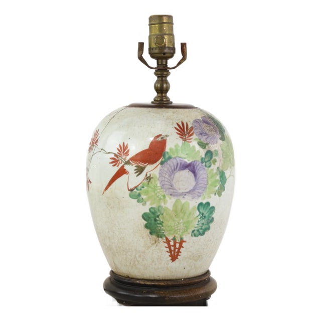 Famille Rose Antique Porcelain Vase Lamp With Bird and Floral Motif on Wood Base For Sale