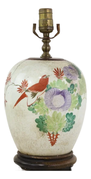 Famille Rose Antique Porcelain Vase Lamp With Bird and Floral Motif on Wood Base