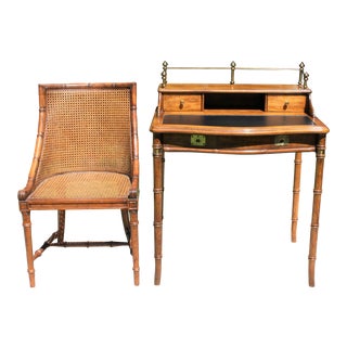 Vintage Faux Bamboo Secretaire Desk With Faux Bamboo and Cane Desk Chair For Sale