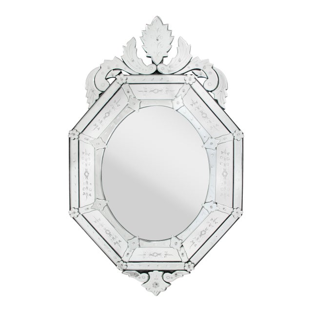 50-Inch Italian 1940s Venetian Etched Glass Mirror With Wood Backing For Sale