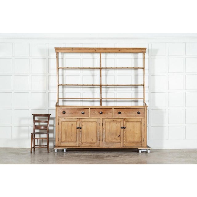 1870 large 19thc english pine dresser. Base w201 x d54 x h92 cm top w204 x d46 x h129 cm together w204 x d54 x h221 cm...