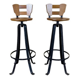 Vintage Brutalist Bar Stools in Iron and Wood, 1960s, Set of 2 For Sale