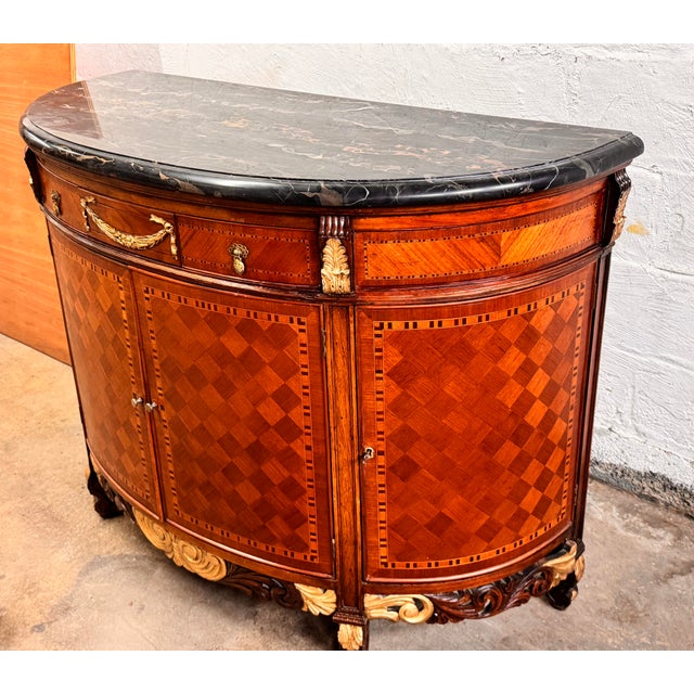 French Antique French Style Inlaid Wood Carved Marble Top Demilune Server For Sale - Image 3 of 14