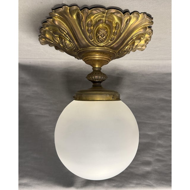1910s Art Nouveau Brass and Glass Globe Ceiling Lamp, Paris, France, 1910s For Sale - Image 5 of 9