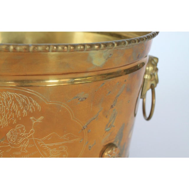 Vintage Oval Brass Cachepot W/ Lion Head Handles, Paw Feet and Etched Asian Motif For Sale In Milwaukee - Image 6 of 18