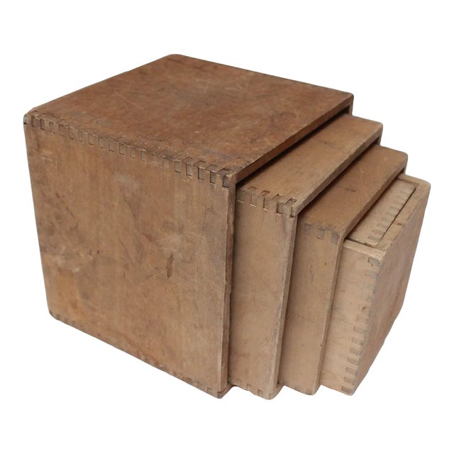Set of Seven Handmade Vintage Primitive Vintage Nesting Cubes/Blocks in Pine For Sale