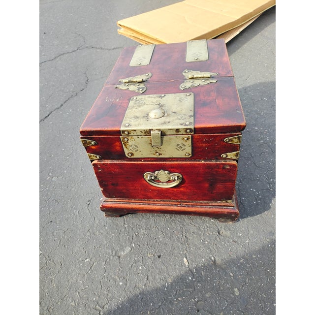 Late 19th Century Antique Korean Joseon Dynasty Vanity Box | 19th Century Campaign Style Traveling Mirror Chest | Moody Dark Wood & Brass Relic For Sale - Image 5 of 9