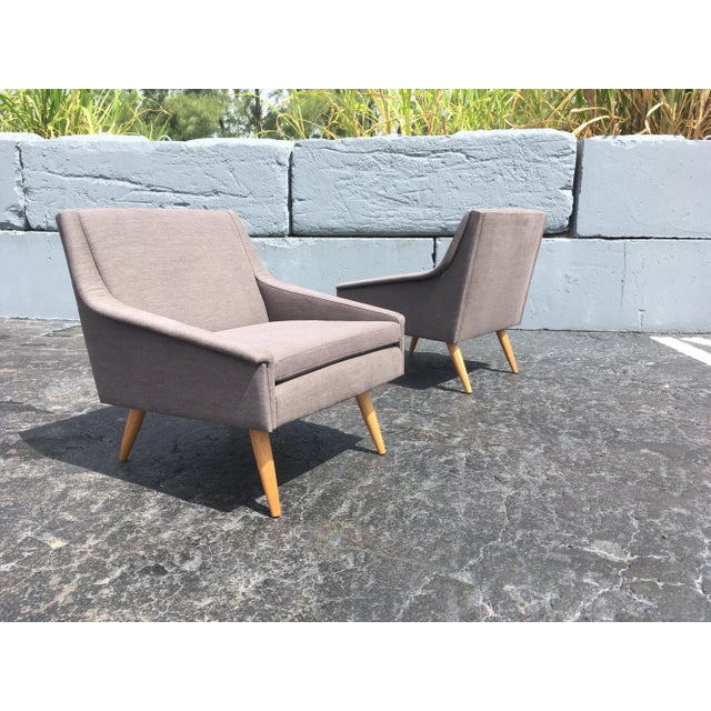 Wood Early 21st Century Danish Modern Gray Fabric & Oak Leg Lounge Chairs - A Pair For Sale - Image 7 of 13