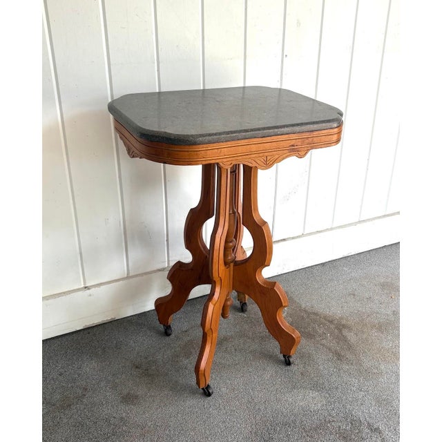 Victorian Eastlake Style Carved Wood Marble Top Side Table For Sale - Image 3 of 4
