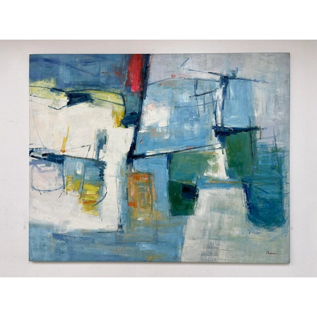 A bold and balanced original oil painting on canvas featuring structured forms and painterly texture in a palette of blue...
