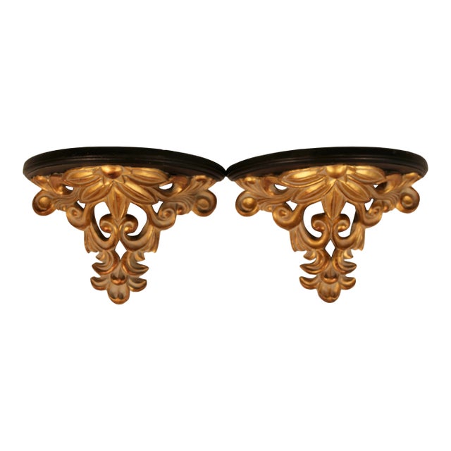 Vintage Art Nouveau French Gold and Black Wooden Wall Shelves - A Pair For Sale