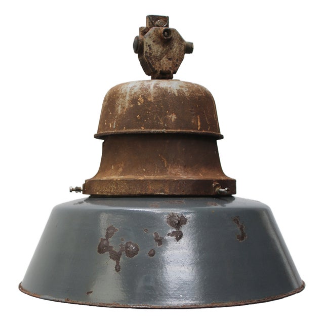 Vintage Industrial Blue Enamel & Cast Iron Train Station Pendant Lamp For Sale