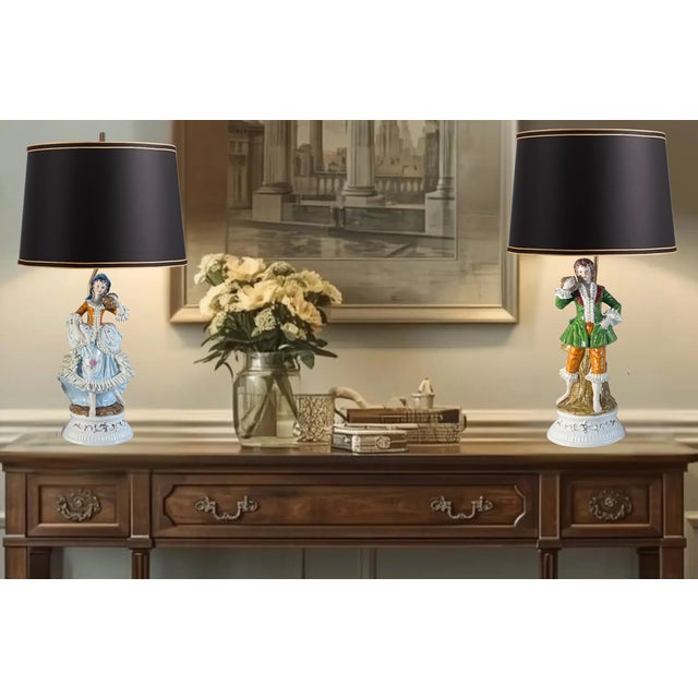 White Vintage Porcelain Figural Lamp Young Man & Woman- A Pair For Sale - Image 8 of 16