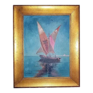 19c. Oil on Board Painting, Dhow Sailboat by George Newcomb